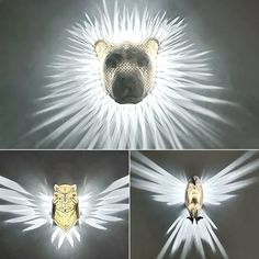 three pictures of a bear with wings and an owl's head in the center