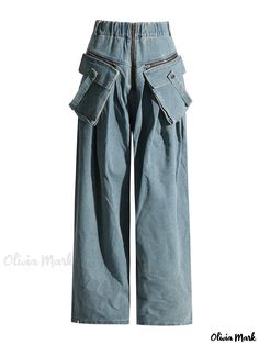 OliviaMark - Stylische High-Waisted Wide-Leg Jeans mit modischer großer Taschendekoration und Loose Fit Design Style Salopette, Overalls Style, Fall Outfits Black Women, Sewing Challenge, Overalls Fashion, Design Jeans, Suit Blue, Denim Suit, High Waist Wide Leg Pants