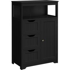 a black cabinet with three drawers and one door on the bottom shelf is shown in front of a white background