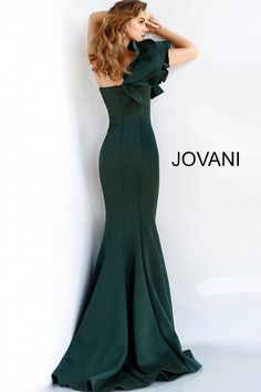 Jovani 63994 green one shoulder long dress - Mia Bella Couture One Shoulder Evening Gown, Trumpet Evening Dress, Mia Bella, Green Formal Dresses, Formal Evening Wear, Mermaid Evening Gown, Unique Prom Dresses, Long Evening Gowns, Pageant Gowns