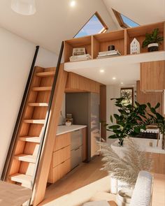 the stairs lead up to the kitchen and living room in this modern house with wood paneling