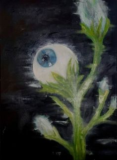 a painting of a flower with an eyeball in the center, on a black background