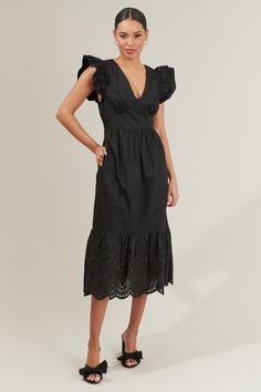 We can't deny that you and the Zayla Poplin Eyelet Midi Dress will look cute together! This maxi poplin dress features short ruffle sleeves followed by a deep v-neckline. The bottom tier has an eyelet design all around. It’s the perfect dress for anywhere you go!- Eyelet- Poplin- Cap sleeves- Pockets- Comes in 3 colorsSize + Fit - Model is 5'8" and wearing size XS- Measurements taken from size S - Chest: 17 1/2"- Length: 47 1/2" Fabric Self: 100% Cotton Contrast: 100% Cotton Lining: 97% Polyeste Black Cotton Midi Dress With Ruffles, Eyelet Midi Dress, Black Eyelet Dress, Black Attire, Summer Black Dress, Poplin Dress, Eyelet Dress, Ruffle Sleeves, New Arrival Dress