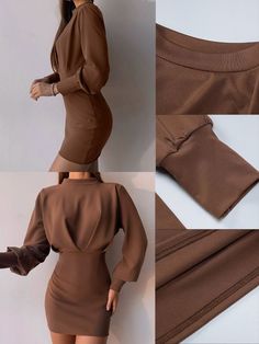 Long Sleeve Fall Winter Fashion Streetwear Brown Knee-length Winter Bodycon Dress, Brown Knee-length Bodycon Winter Dress, Fitted Solid Color Bodycon Dress For Fall, Fitted Bodycon Dress For Fall, Solid Color Mini Dress For Work In Winter, Brown Stretch Dresses For Winter, Winter Fitted Brown Bodycon Dress, Winter Workwear Mini Dress In Solid Color, Winter Long Sleeve High Stretch Dresses