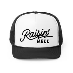 Introducing the Raisin' Hell Trucker Hat, the perfect accessory for country concert goers. With a vintage snapback cap design, this hat adds a cool retro touch to any streetwear look. Embrace your inner western style with this versatile and stylish accessory. Retro Adjustable Snapback Hat For Sports, Retro Snapback Hat For Baseball Season, Vintage Snapback Baseball Cap For Rodeo, Vintage Adjustable Baseball Cap For Rodeo, Retro Adjustable Baseball Cap For Rodeo, Adjustable Retro Baseball Cap For Rodeo, Retro Summer Snapback Hat With Curved Brim, Retro Summer Baseball Cap With Flat Brim, Vintage Rodeo Baseball Cap With Curved Brim