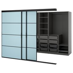 an open closet with drawers and shelves next to it on a white background that appears to be empty