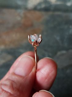 Angel Aura Crystal and Rose Gold Ring Lotus Flower Jewelry | Etsy Delicate Rose Gold Flower Ring For Gift, Rose Gold Spiritual Rings For Gift, Magical Rose Gold Jewelry For Anniversary, Rose Gold Flower Shaped Crystal Wedding Ring, Spiritual Rose Cut Diamonds Jewelry Gift, Delicate Crystal Ring With Rose Cut Diamonds For Gift, Rose Gold Spiritual Crystal Ring For Gift, Handmade Rose Gold Crystal Ring As Gift, Dainty Rose Gold Crystal Birthstone Ring