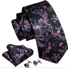 Want to elevate your style with sophistication and flair? Introducing our Men's Black Pink Silk Necktie Pocket Square Set - a captivating ensemble designed to make heads turn. It includes a luxurious silk necktie, a woven pocket square, and sleek cufflinks, all elegantly packaged to ensure their safety. With its dimensions perfectly tailored for a variety of dress shirts and suit tuxedos, this set exudes refinement. Crafted from high-quality silk using Jacquard woven craft, each piece boasts a h Luxury Tailored Ties For Wedding, Luxury Elegant Suit And Tie Accessories With Pocket Square, Luxury Elegant Suits With Pocket Square, Luxury Tailored Suit And Tie Accessories For Wedding, Luxury Silk Suit And Tie Accessories For Formal Occasion, Luxury Tailored Silk Suit And Tie Accessories, Necktie Set, Fathers Day Sale, Cufflink Set