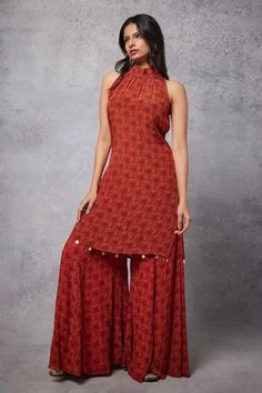 Shop for Senren by Eshana Raut Red Crepe Swirl Line Print Kurta With Sharara for Women Online at Aza Fashions Kurta Unique Designs Women, Rakhi Special Dress For Women, Planetarium Outfit Ideas, Halterneck Kurta, Red Outfit For Women, Halter Neck Kurta, Outfit From Scratch, Sharara For Women, Indian Summer Dress