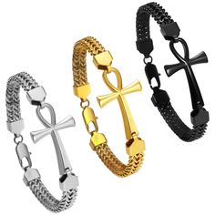 Features: Men's Egyptian Ankh Cross Key of Life Bracelet Franco Chain Stainless Steel Features: 【Ankh Cross Bracelet】 ANKH cross symbol - Ankh is the symbol of life in ancient Egypt. The circle at the top is also a symbol of the sun on the horizon, implying reincarnation and rebirth. Today, the ankh is worn as a good luck charm to promote health and longevity. 【Size】Ankh bracelet total length: 8.66" (22cm); ankh cross pendant height: 1.57" (40mm), width: 0.98" (25mm); chain width: 0.31" (8mm); weight (oz): 0.93. Color: silver, gold, black. Suitable for most people's wrists. 【High Quality Metal】Made of durable stainless steel, highly polished and nickel-free, guaranteed to last a long time and maintain a long-lasting shine. The ankh bracelet is sturdy and will not rust or fade over time, ma Ankh Bracelet, Life In Ancient Egypt, Ancient Egyptian Symbols, Egyptian Ankh, Ankh Cross, Cross Symbol, Egyptian Symbols, Life Symbol, Bracelet Design