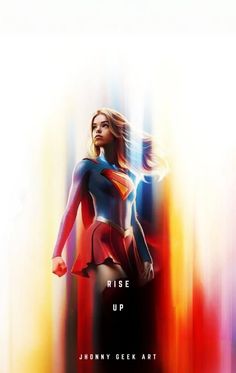 a woman in a red and blue suit with the words rise up below her