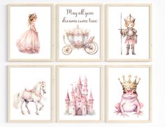 four pictures of princesses and their animals in watercolor on white paper, with the words may all be precious come true