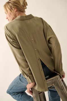 Back to Basics Buttoned-Back Pocket Shirt - ShopPromesa Shirt With Back Buttons, Muted Green, Oversized Graphic Tee, Curved Back, Fabric Collars, Back To Basics, Pocket Shirt, Shirt Button, Button Shirt