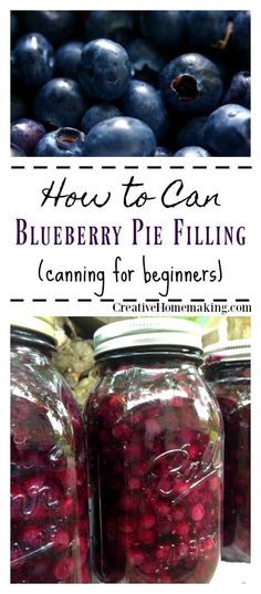 blueberry pie filling in jars with text overlay that reads how to can blueberry pie filling canning for beginners