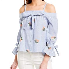 Beautiful White And Blue Stripes With Orange Flowers Embroidered Great Now For Spring Summer And Fall Looks Great With Skirts Jeans Or Pants Crochet Floral Top, Blue Ruffle Top, One Shoulder Ruffle Top, Embellished Crop Top, Flowers Embroidered, Pink Floral Blouse, Skirts Jeans, Lace Peplum, Flannel Women