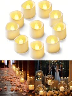 many candles are lit on the ground and in front of some other pictures with flowers