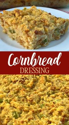 cornbread casserole on a white plate with the words cornbread dressing over it