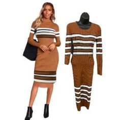 Dress Bodycon Knitted Sweater Size Large L Knee Length Longsleeve From New Look Brown White Black Short Stretch Club Camel Striped Ribbed Bodycon Sweater Dress Is Equal Parts Comfy And Cute! Medium-Weight Ribbed Knit Shapes This Easy-To-Style Dress Featuring A Round Neckline And A Trendy Black And White Stripe Panel That Runs Across The Fitted Bodice And Long Fitted Sleeves. The Figure-Flaunting Bodycon Skirt Ends At A Flirty Hemline. We Are Loving This Little Number Paired With Black Ankle Boot White Knit Bodycon Sweater Dress, Casual Long Sleeve Bodycon Sweater Dress, Bodycon Knit Sweater Dress With Long Sleeves, Brown Ribbed Midi Sweater Dress, Knit Bodycon Sweater Dress With Long Sleeves, Knit Bodycon Long Sleeve Sweater Dress, White Stretch Sweater Dress For Fall, Casual Midi-length Winter Sweater, Casual Striped Long Sleeve Sweater Dress