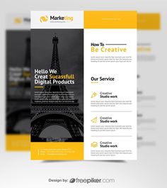 a yellow and black brochure with the eiffel tower in the background