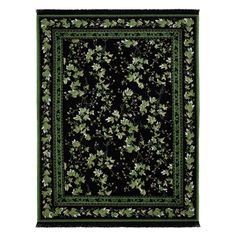 a black and green area rug with leaves on it's border, in front of a white background