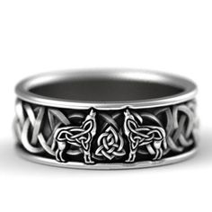 Celtic Knot Howling Wolf Men's Silver Ring- Size 12 Giant Wolf, Nordic Gifts, Kule Ting, Nordic Mythology, Wolf Ring, Ring Man, Wolf Jewelry, Viking Ring, Head Ring