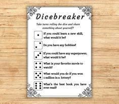 a printable dicebreaker game on a wooden surface with the words dicebreaker written in black