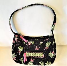 Vera Bradley Purse Tote Shoulder Bag Vibrant Black Floral Pattern Quilted Cotton | eBay Vera Bradley Patterns, Black Floral Pattern, Vera Bradley Purses, Tote Bag Black, Zipper Top, Shoulder Tote Bag, Shoulder Tote, Black Floral, Vera Bradley