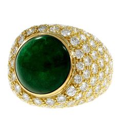 Green Cabochon Emerald Diamond Dome Gold Cocktail Ring | From a unique collection of vintage cocktail rings at https://www.1stdibs.com/jewelry/rings/cocktail-rings/ Luxury Green Cabochons, Luxury Oval Cabochon Emerald Ring With 17 Jewels, Luxury Emerald Ring With Oval Cabochon And 17 Jewels, Green Gemstone Cabochons For Formal Use, Green Cabochons For Formal Fine Jewelry, Fine Jewelry Green Cabochons For Formal Occasions, Luxury Emerald Cabochon Ring With Diamonds, Green Gemstone Cabochons Fine Jewelry, Green Round Cabochons For Anniversary