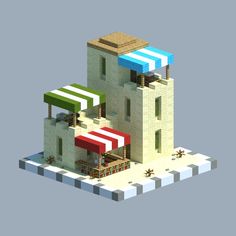 a low poly model of a building with awnings on the roof and tables in front