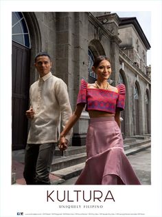 Handwoven inabel terno top with butterfly sleeves and tiered skirt on her. Hand-emboidered pinasilk barong on him. Barong Tagalog Photoshoot, Filipino Terno, Terno Filipiniana, Filipino Dresses, Modern Filipiniana Top, Philippine Costume, Filipina Dress, Filipino Traditional Clothing, Filipiniana Modern