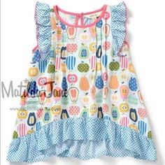 Size 2 Nwt Matilda Jane Quiz Me Apple Tunic Perfect For Back To School Playful Printed Patterned Top, Playful Printed Sleeveless Top, Playful Sleeveless Printed Top, Playful Ruffled Tops For Playwear, Playful Ruffle Tops For Playwear, Multicolor Sleeveless Tops For Playtime, Blue Short Sleeve Top For Playdate, Cute Printed Blue Tops, Cute Cotton Patterned Tops