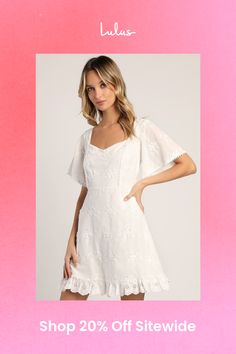 You'll be cafe-ready in a flash with the Lulus Morning in Mallorca White Cotton Eyelet Short Sleeve Mini Dress! Lightweight woven cotton, decorated with three-dimensional, vintage-inspired eyelet embroidery, shapes this must-have summer dress. Short flutter sleeves frame a subtle V-neckline, that tops a bodice with princess seams and crochet trim accents. A fitted waist tops the A-line skirt that falls to a mini hem with pierced eyelet lace trim. Don't forget your favorite espadrilles (and a may Spring Brunch Eyelet Dress, Eyelet Short Sleeve Dresses For Brunch, Short Sleeve Eyelet Dress For Brunch, Fitted Cotton Eyelet Dress, Fitted Cotton Dress With Cutwork Hem, Broderie Anglaise Square Neck Dress For Garden Party, White Eyelet Fitted Mini Dress, Spring Lace Mini Dress With Eyelet, Spring Lace Mini Dress With Eyelet Details