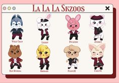 an image of various animal characters in different poses on a sheet with the words la la skoos