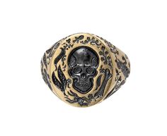 This edgy, hand engraved Castro Smith signet ring has a bold vibe and eye-catching design. The 9K yellow gold band has been carved with bones, skeletons, frogs and leaves. The round ring face has a detailed surface with leaves, spiders, bones and one large skull at its center. Each engraved part has been plated in black rhodium. A tiny engraved flower sits on the inside of the band for a secret for only the wearer. ring face : 3/4" x 5/8"9K yellow gold and black rhodium plated band width : 5mmsize available : 10please contact us for sizing options Castro Smith, Daniela Villegas, Digby And Iona, Alice Cicolini, Rebecca Overmann, Jennie Kwon, Engraved Flower, Zoe Chicco, Cathy Waterman