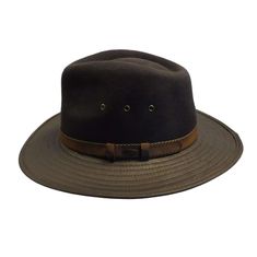 Four seasons wool felt outback/safari style hat with gently curving brim. Fedora style C-crown and pinched front. Stitched, weathered cotton brim, 3" wide, bound. Leatherette overlay on band with decorative stitching. Triple vent holes with metal ring on both sides. Crushable, packable, water repellent, sun protective. Roll it up, fold it, stuff it in a pocket or pack flat in your suitcase. When you're ready, shake out and wear. Cotton sweatband inside. 100% wool felt. Outback Hat, Safari Style, Metal Ring, Metal Rings, Four Seasons, Hat Fashion, Repellent, Wool Felt, Water Repellent