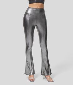 Women's Cloudful™ Shine Fabric Mid Rise Metallic Foil Print Stretchy Party Faux Leather Slight Flare Pants. Machine wash cold. Do not dry clean. Do not iron. Do not bleach. Wash with like colors. Turn garment inside out. Trendy Shiny Leggings For Night Out, Shiny Leggings For Night Out, Shiny Fitted Leggings For Parties, Spring Party High-waisted Leggings, Trendy Metallic Leggings For Night Out, Shiny Fitted Pants For Fall, Fitted Shiny Pants For Fall, Stretch Shiny High Waist Pants, High Waist Stretch Shiny Pants