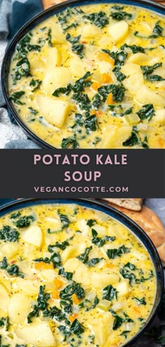 potato and spinach soup in a black bowl with the title above it on top