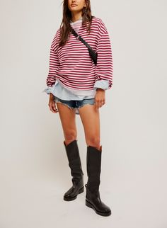 Free People Classic Striped Oversized Crew So cool and classic, this timeless crewneck is featured in an oversized, slouchy silhouette and staple striped print with contrasting hems for added dimension. Fit: Relaxed, oversized fitFeatures: Crew neckline, dropped shoulders, contrast hemsWhy We <3 It: Lovely for layering or styling solo, this so tried and true piece is the perfect effortless essential your wardrobe has been wanting. Fit Note: This style may run large. For a truer fit, we recommend Vera Bradley Lunch Bags, Striped Crewneck, Cut Clothes, Southern Shirts, Tried And True, Cardigan Top, Pullover Jacket, So Cool, Swimwear Accessories