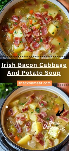 two bowls of bacon cabbage and potato soup with text overlay that reads, irish bacon cabbage and potato soup