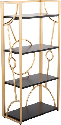 a black and gold shelf with three shelves on each side, one is open to show the