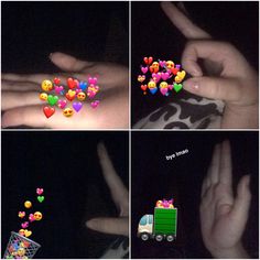 four different pictures with hearts and emoticions in the shape of people's hands