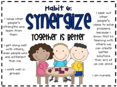 a poster with three children sitting at a table and the words, habitt & synezze together is better