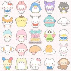 an assortment of cartoon character stickers on a pink background