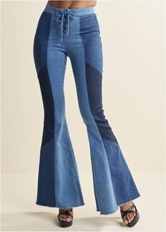 Front View Color Block Flare Jeans Statement Jeans, Block Heel Platform Sandals, Statement Skirt, Denim And Diamonds, Denim Flare Jeans, Flare Denim Jeans, Wide Jeans, One Piece Suit, Plus Size Shopping