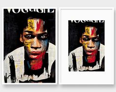 two posters with the faces of young black men painted in different colors and words on them