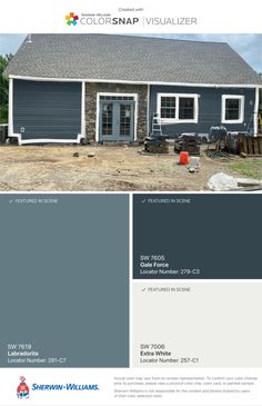 the color scheme for this house is blue and gray, with white trim on it