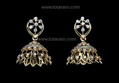 18 karat gold diamond jhumkas - diamond dangle earrings - 235-DJH003 - in 6.400 Grams for USD $1,566.59 USD. 
Made in India by Totaram Jewelers Online this product is in Gold - 18 Karat Gold  & is an excellent gift for Adult - Women. Ships fully insured with secured guaranteed delivery for free with your order over $250 from New Jersey USA & comes with 30 days exchange policy. Gold Diamond Jhumkas For Festivals, Yellow Gold Jhumkas For Reception And Festivals, Diamond Jhumkas, Diamond Dangle Earrings, Gifts For Adults, New Jersey, Gold Diamond, 18k Gold, Dangle Earrings