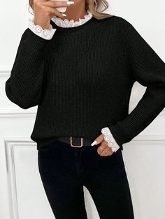 Women Lace Collar & Cuffs Loose Fit Long Sleeve Sweater Black Casual  Long Sleeve Knitwear Colorblock,Plain Pullovers Slight Stretch  Women Clothing, size features are:Bust: ,Length: ,Sleeve Length: Lace Collar, Sweater Black, Collar And Cuff, Women Lace, Black Casual, Knitwear Women, Sleeve Sweater, Black Sweaters, Long Sleeve Sweater