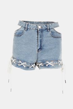 Lace-Up Cutout Denim Shorts Ins Street Lace Denim Shorts, Ghost Mannequin, High Waist Wide Leg Pants, Shorts Fashion, Zipper Shorts, Denim Patterns, Denim Shorts Women, Short En Jean, Shop Maxi Dresses