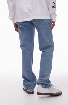 Head into the weekend with classic straight-leg jeans cut from nonstretch denim and evenly faded for a vintage vibe. 16" leg opening; 10 1/2" front rise; 14" back rise Zip fly with button closure Five-pocket style 100% cotton Machine wash, dry flat Imported Straight Leg Jeans For Streetwear, Urban Straight Fit Denim Jeans, Urban Style Straight Fit Denim Jeans, Straight Leg Rigid Denim Jeans For Streetwear, Straight Fit Bottoms For Streetwear, Classic Full Length Relaxed Fit Jeans, Urban Denim Blue Jeans With Straight Hem, Urban Style Straight Leg Jeans With Five Pockets, Urban Straight Leg Jeans With Five Pockets